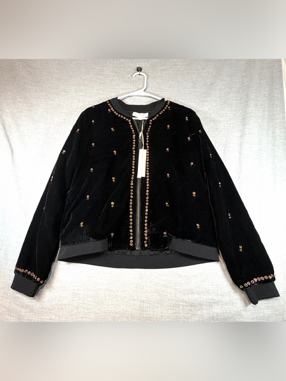 lovestitch Black Velvet Bomber Jacket with Gold Floral Embellishments